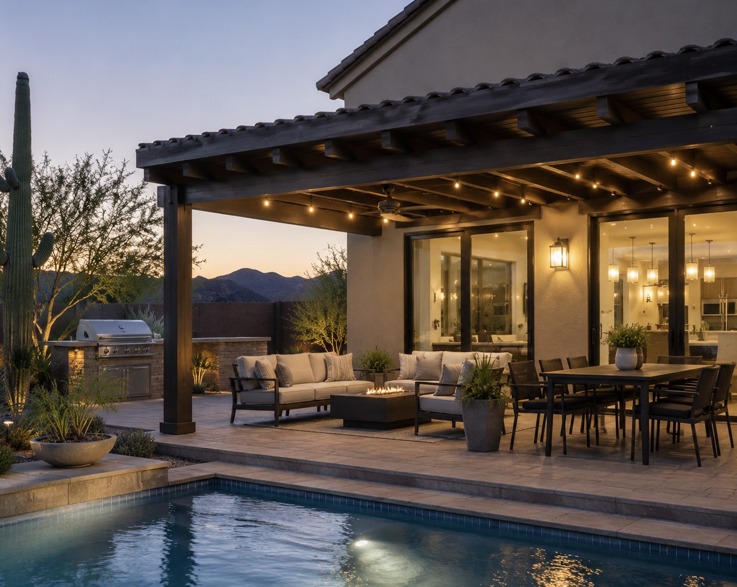 Wood-beam covered patio at dusk with string lights, a fire pit, and a pool in an Arizona desert backyard.