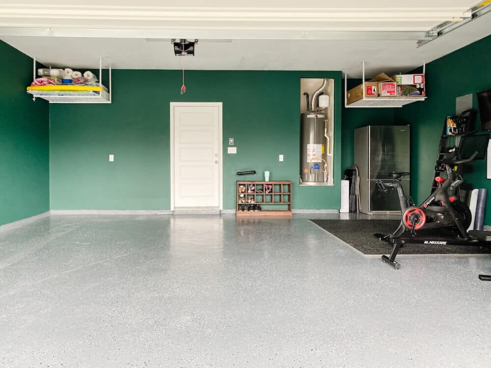 Rust-Oleum EpoxyShield garage floor coating in dark gray with decorative color chips